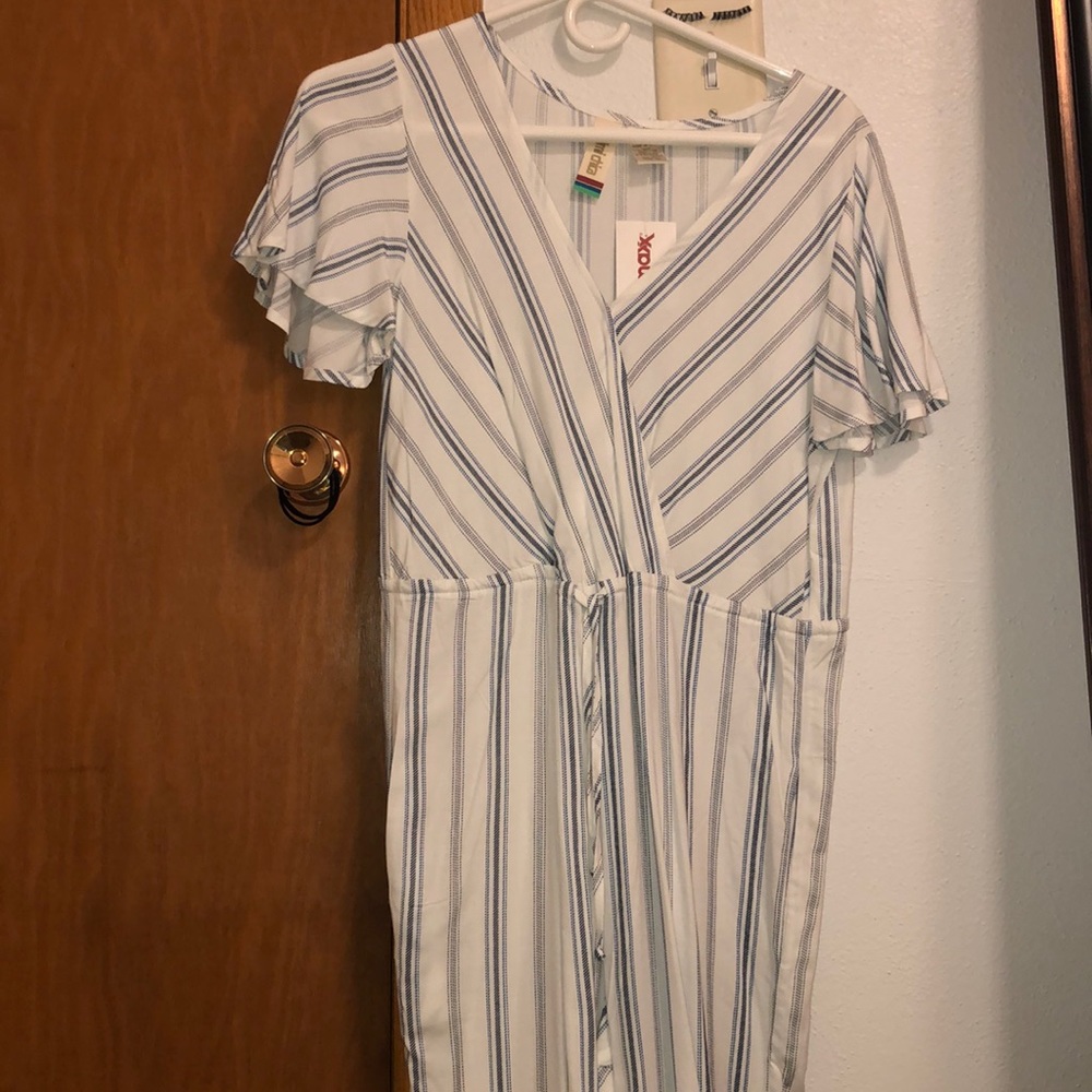 blue and white jumpsuit